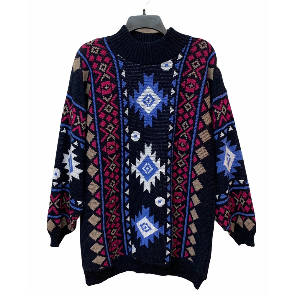 Vintage Clifton Place Bright Neon Navajo Southwestern Chunky Knit Tunic Sweater